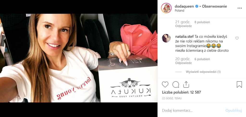 Doda (Dorota Rabczewska) według fanów sprzedała sięna Instagram, jej dieta powoduje, że bohaterka programu "Bar" reklamuje produkty, które w niej stosuje. 