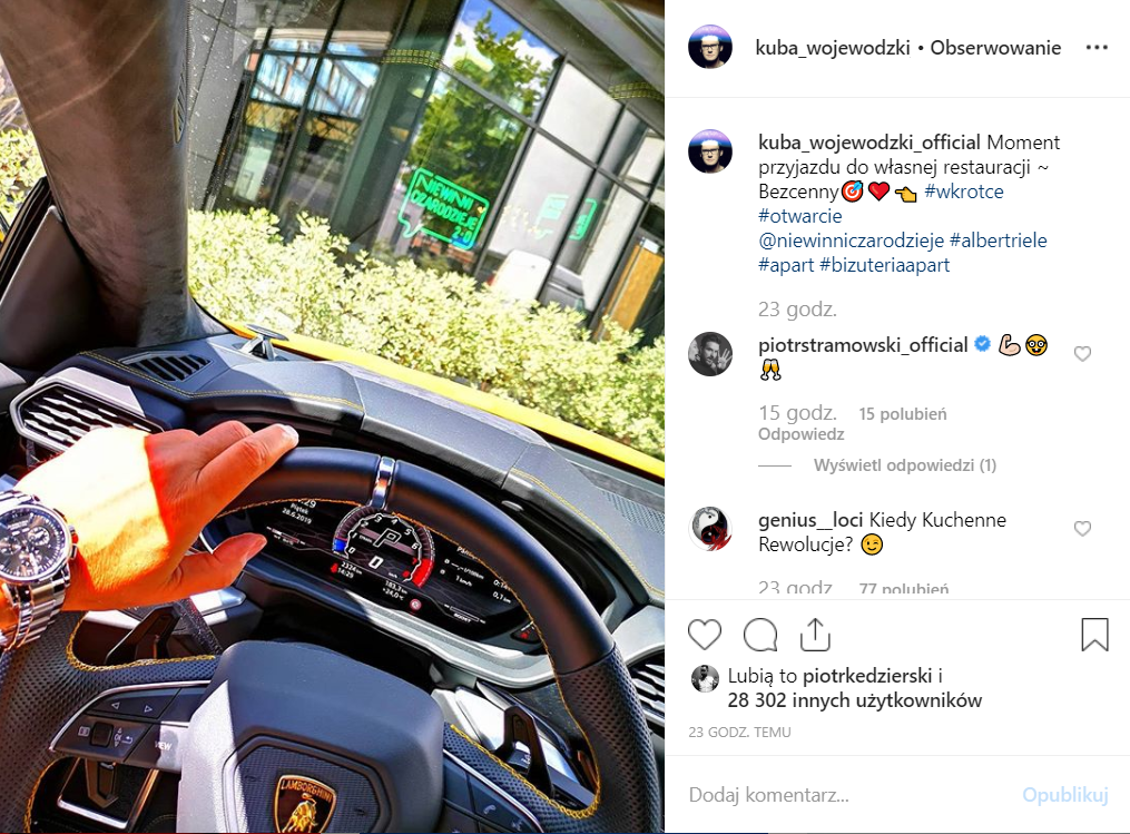 Kuba Wojewódzki (TVN) w swoim Lamborghini chwali się na Instagram, że jego kolejny interes to restauracja. Fani żartują, że czekają go Kuchenne rewolucje.