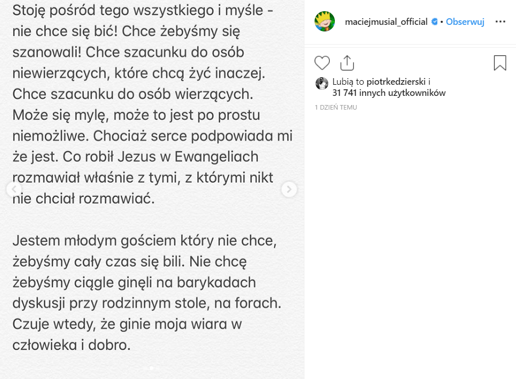 Musiał (Rodzinka.pl) wywołał ostatnio skandal na Instagram, gdzie poparł środ. LGBT. Wielu zarzuciło, że Musiał nie wie, co to wiara. Teraz się tłumaczy.