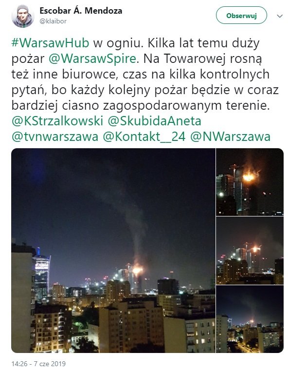 Pożar wieżowca w Warszawie, Rondo Daszyńskiego. TVP Info podało informację o pożarze Warsaw Hub, na Twitter pojawiło sie wiele filmów