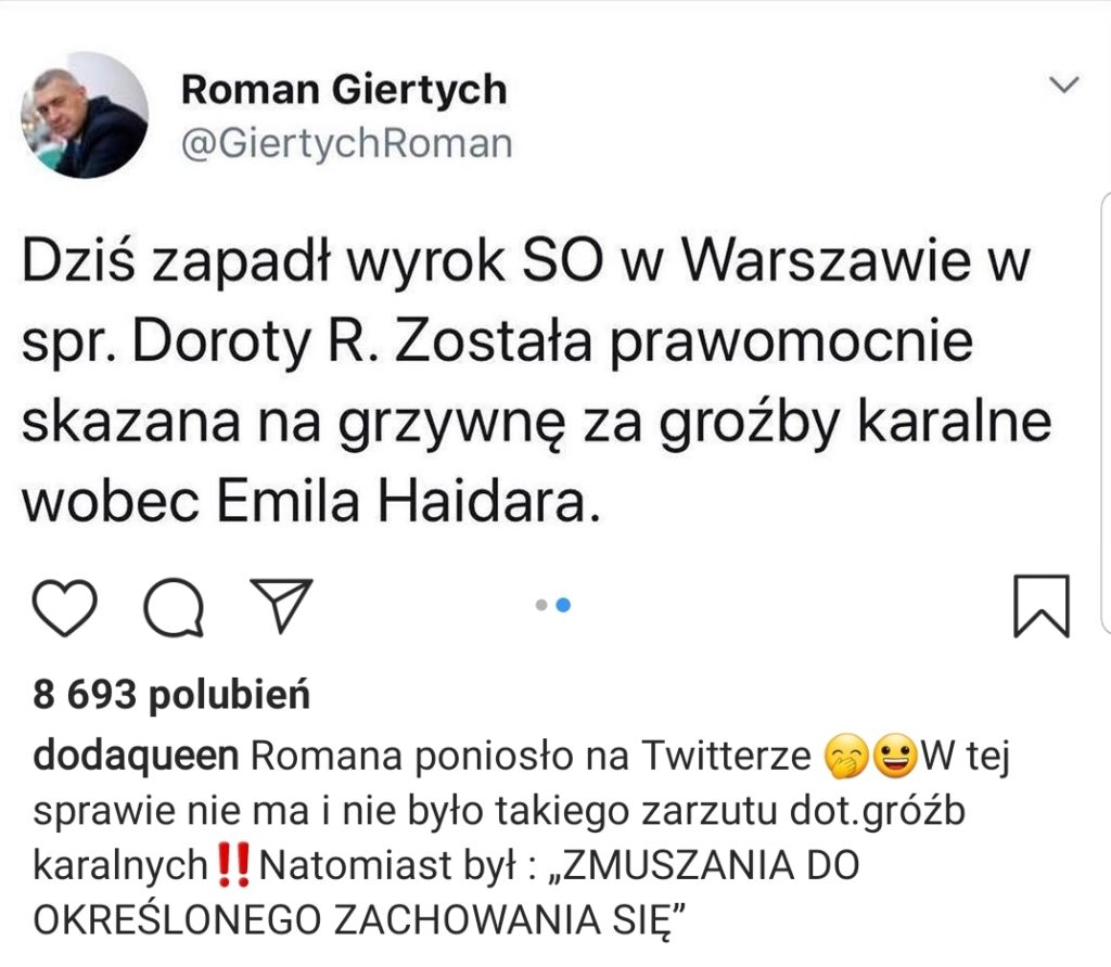 Sprawa Doda - Haidar: Wokalistka zespołu Doda Virgin usłyszała karę za szantaż. Emil Haidar triumfuje w sądzie. Roman Giertych zapowiada, że to nie koniec.