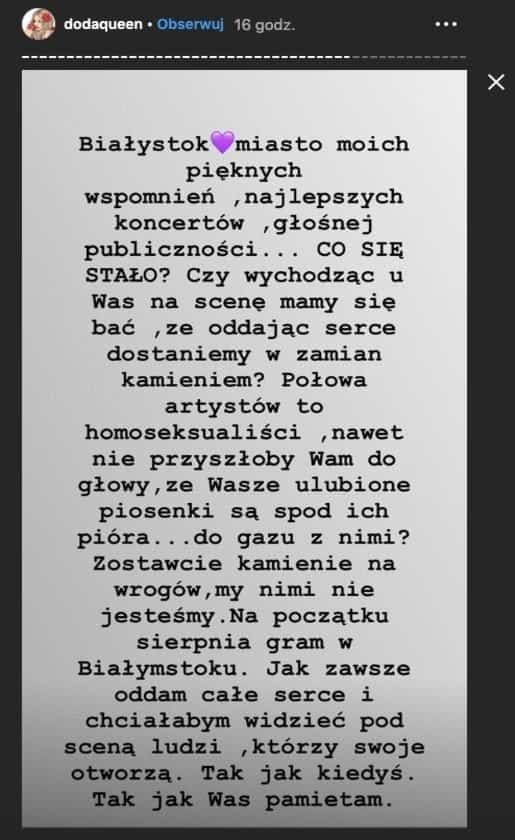 Doda stanęła w obronie LGBT. Dorota Rabczewska na portalu instagram apeluje do mieszkańców Białegostoku w związku z marszem równość (Parada równości)