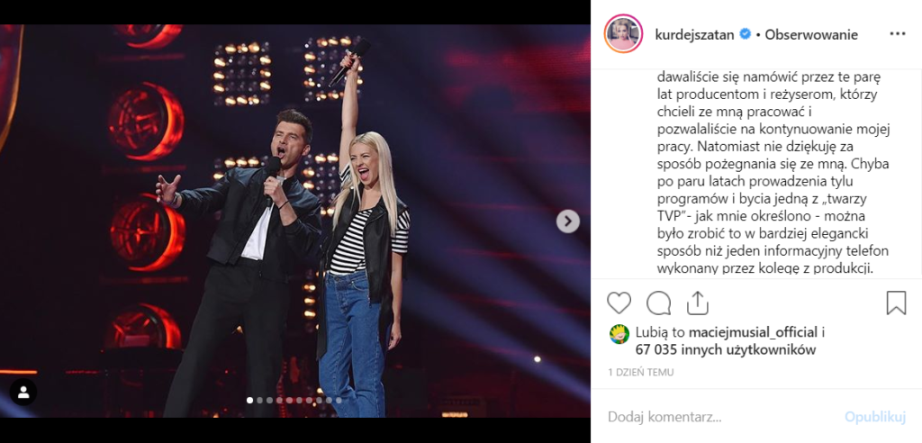 Barbara Kurdej Szatan (M jak Miłość, TVP) wydała oświadczenie na Instagram odnośnie zwolnienia jej z programów The Voice of Poland, czy The Voice Kids.