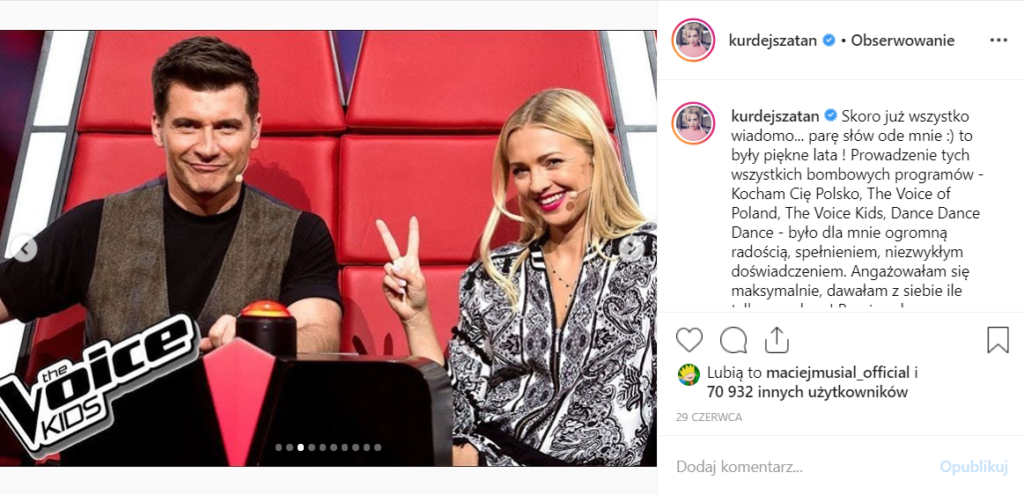 Kurdej Szatan (M jak Miłość, TVP) udziela wywiadu na YouTube. Ostatnio wypowiedziała się na temat odejścia z The Voice of Poland na Instagram.