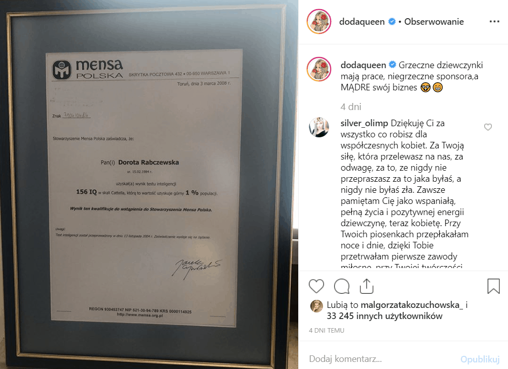 Doda (Dorota Rabczewska) pokazała na Instagram jakie ma IQ Była uczestniczka "Bar" i wokalistka "Virgin" pokazała dowód swojej ponadprzeciętnej inteligencji