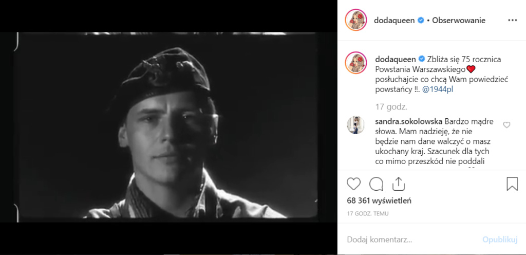 Powstanie Warszawskie: To będzie już 75 rocznica, z tej okazji Dorota Rabczewska, czyli Doda (Kiedyś Virgin) opublikowała film na Instagram.