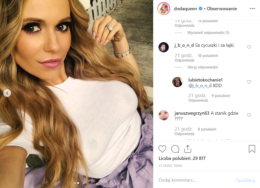 Doda (Dorota Rabczewska)pokazała piersi na Instagram. Była wokalistka Virgin znana jest z kontrowersji. Kilka miesięcy temu została oskarżona o szantaż. 