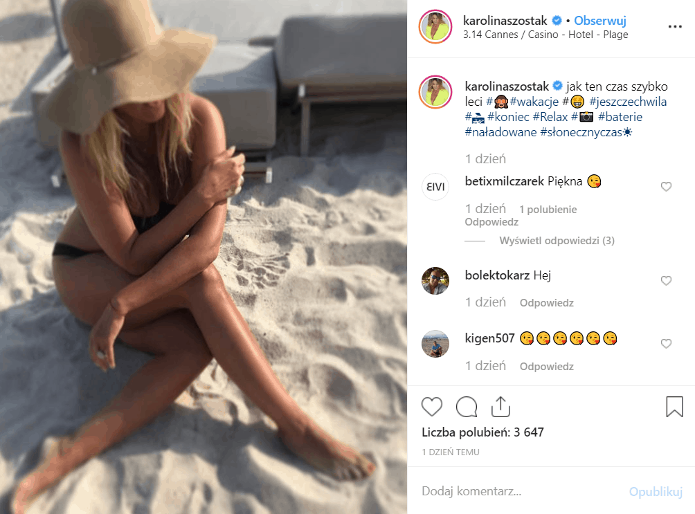Karolina Szostak nie chciała ubrać bikini w Polsat dla "Love Island", a robi to bez problemu na portalu Instagram. Jej dieta przynosi efekty.