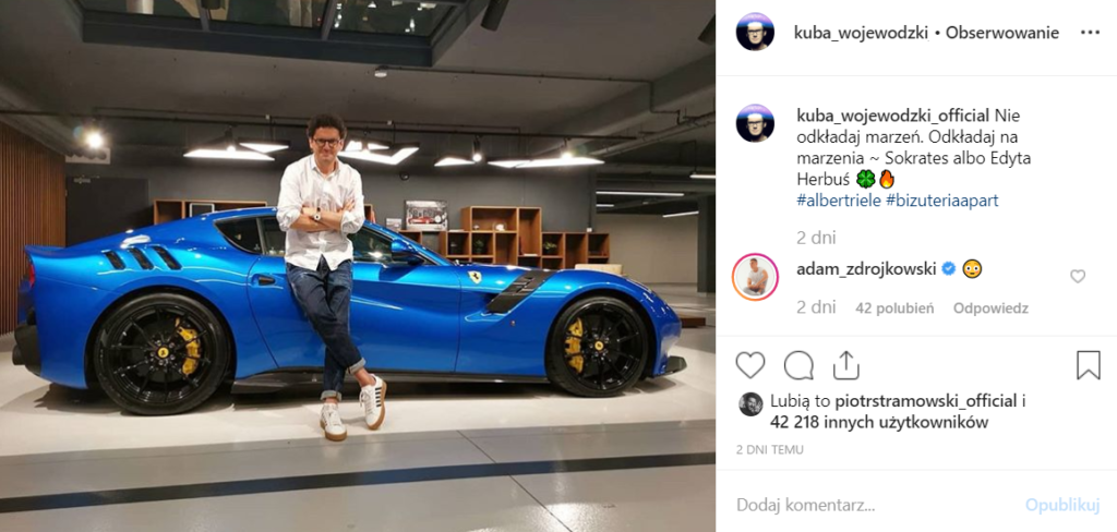 Kuba Wojewódzki (TVN) przy Ferrari na Instagram, ostatnio otwarta została jego nowa restauracja, która nazywa się "Niewinni czarodzieje".