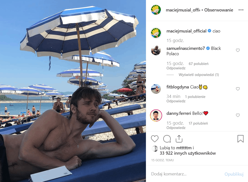 Maciej Musiał (Rodzinka.pl, TVP, 1983, Netflix) spędza wakacje nad morzem, pokazał to na portalu Instagram. Właśnie premierę miał zwiastun serialu Wiedźmin. 