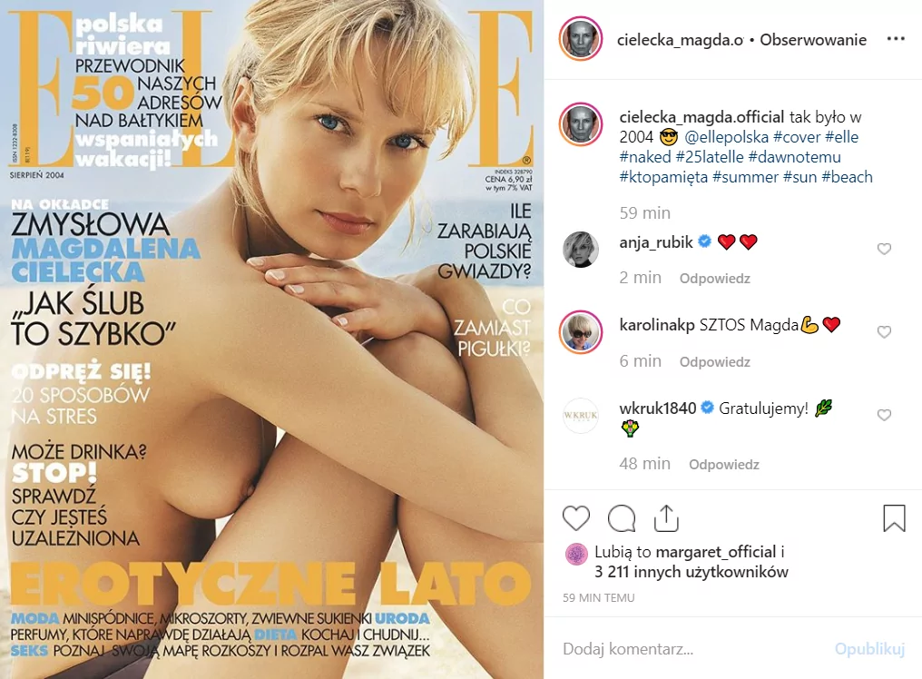 Magda Cielecka pokazała się nago na Instagram aktorka dodała zdjęcie z okazji 25-lecia "Elle". Ostatnio Cielecka wystąpiła w serialu TVN "Chyłka Zaginięcie"