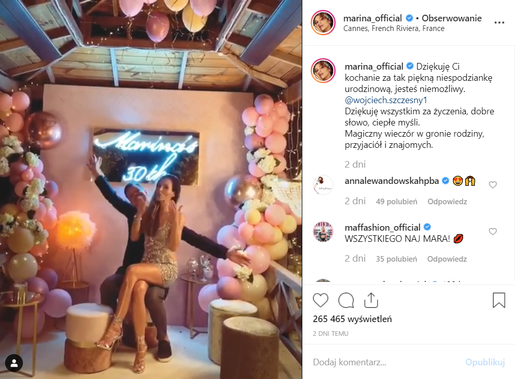 Marina obchodziła 30-te urodziny, jej mąż piłkarz Juventus, Wojciech Szczęsny przygotował niespodziankę. Żona Szczęsnego podzieliła się tym na Instagram.