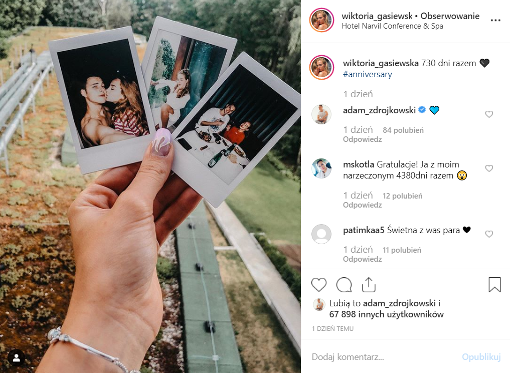 Wiktoria Gąsiewska (Futro z misia) pochwaliła się na Instagram, że ona i Adam Zdrójkowski (Furioza) są parą od 730 dni. Oboje są gwiazdami Rodzinka.pl (TVP)