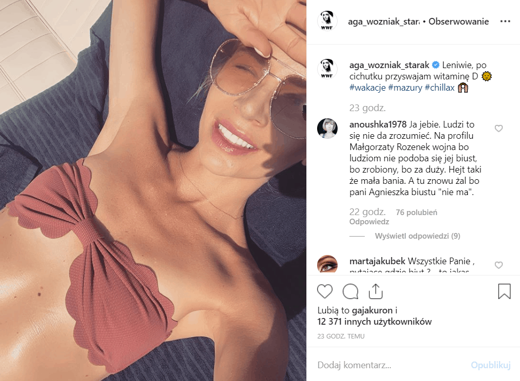 Woźniak Starak (Dzień Dobry TVN, Ameryka Express), zaprezentowała się w bikini na portalu Instagram, fani pytają się gdzie są piersi, usuneła implanty.