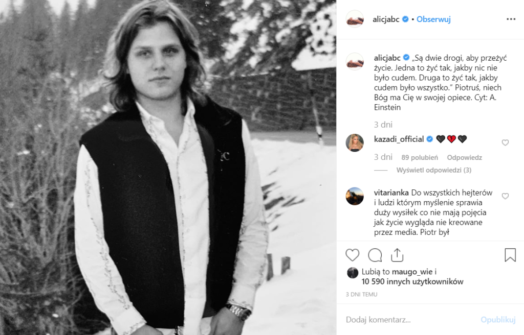 Śmierć Piotra Woźniaka Staraka na jeziorze Kisajno spowodowała, że pożegnanie na Instagram zamieściła Alicja Bachleda Curuś, ona i Woźniak Starak byli parą.