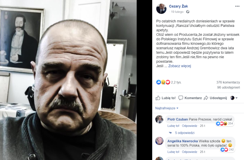 Cezary Żak może nie wystąpić w Ranczo Wilkowyje (TVP), skomentował to na portalu Facebook. Inni aktorzy m.in. Ilona Ostrowska potwierdzają swój udział. 