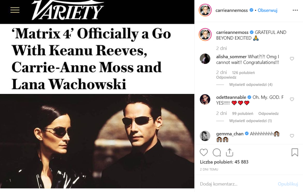 Powstanie Matrix 4! Poinformowała o tym na Instagram Carrie-Anne Moss, czyli Trinity. Potwierdziła także, że w obsadzie filmu znajdzie się Keanu Reeves.