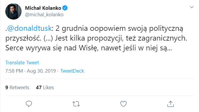 Michał Kolanko podaje na Twitter co zrobi Donald Tusk, gdy skończy się jego kadencja jako szef Rady Europejskiej. Wybory do parlamentu już w październiku.