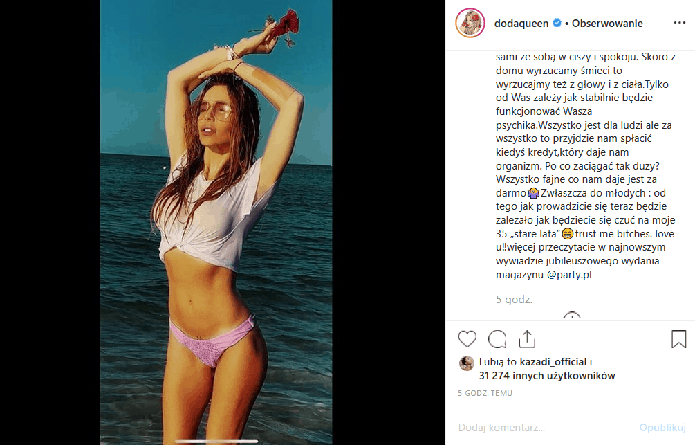 Dorota "Doda" Rabczewska w bikini podbija Instagram motywacyjnymi tekstami. Co takiego opublikowała gwiazda zespołu "Virgin" i programu "Bar"?
