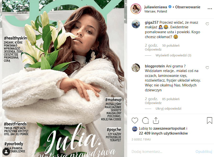 Julia Wieniawa wrzuciła na Instagram zdjęcie bez makijażu. Fani wytknęli jej oszustwo. Co zrobi gwiazda "Zawsze warto" (Polsat) i "Rodzinka pl" (TVP2)?