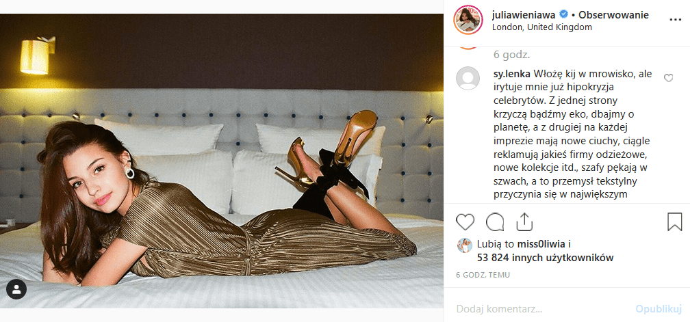 Instagram pyta czy Julia Wieniawa i ekologia są w zgodzie. Co na temat swojej postawy powiedziała gwiazda serialu "Rodzinka pl" i "Zawsze warto" (Polsat)?