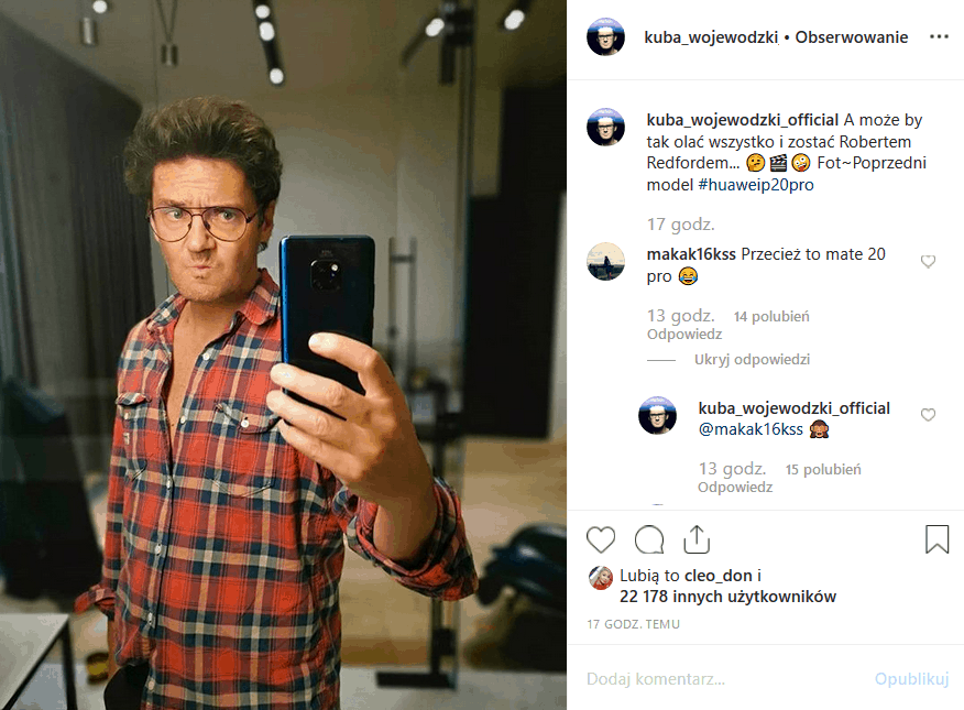 Gospodarzowi "Kuba Wojewódzki" show przydarzyła sie wpadka w serwisie Instagram. Król TVN jest ambasadorem Huawei, ale chyba nie do końca wie co i jak.