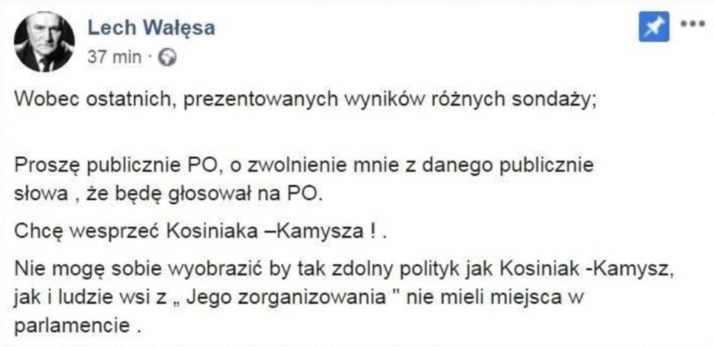 Lech Wałęsa ponownie szaleje, były prezydent publicznie na Facebooku odmówił poparcia dla PO, zadeklarował za to poparcie dla PSL.