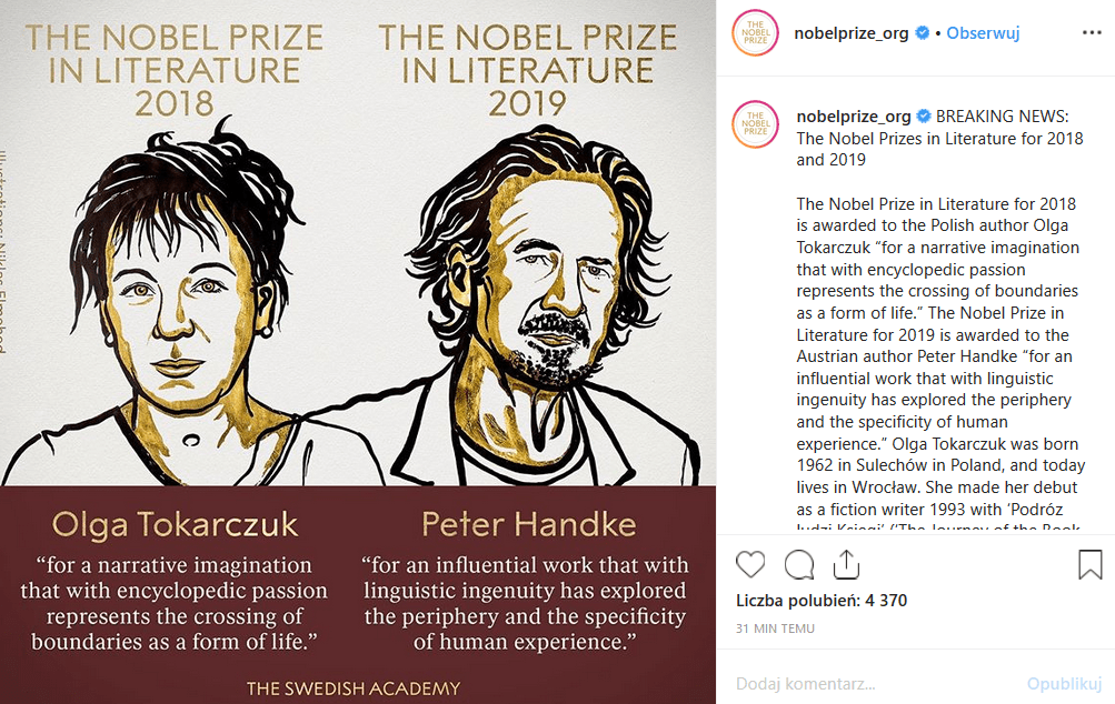 Literacki Nobel dla Tokarczuk! Literacka Nagroda Nobla powędruje do autorki książki "Księgi Jakubowe". Facebook i inne media toną w gratulacjach od fanów.