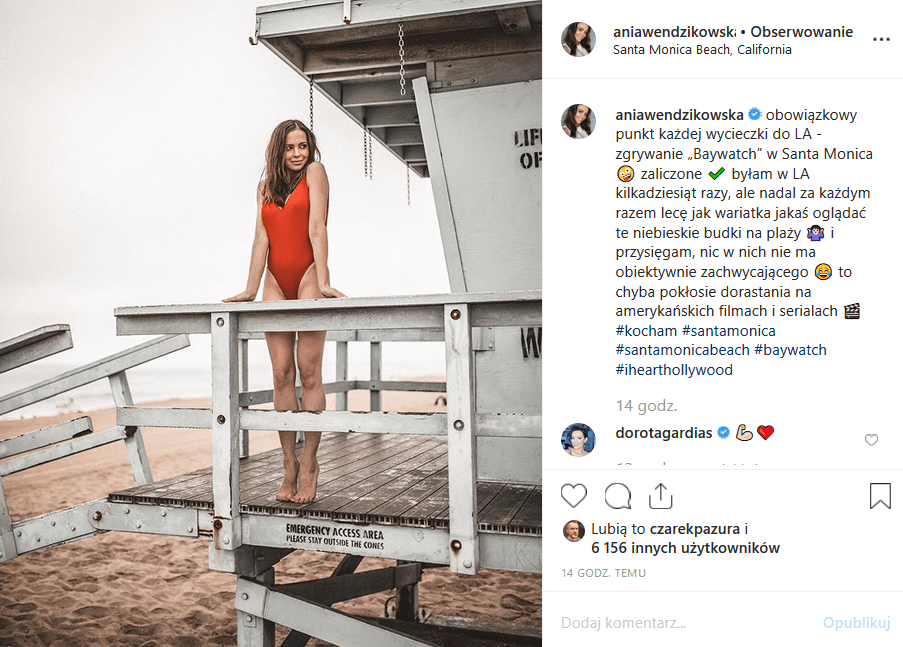 Wendzikowska, choć nie w bikini, podbija Instagram. Gwiazda TVN i serialu "M jak miłość" udała się do Santa Monica, gdzie kręcono "Słoneczny patrol".