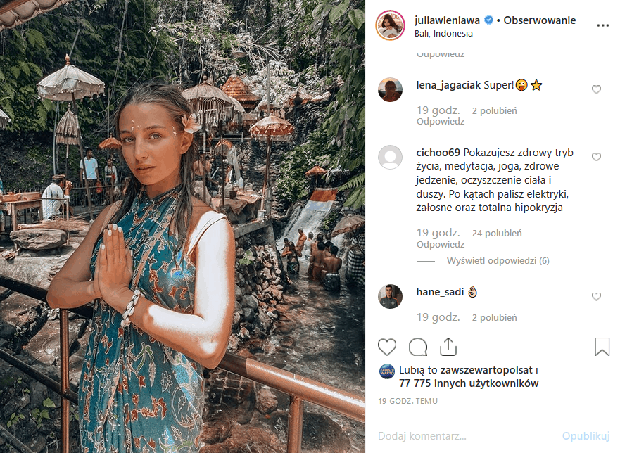Julia Wieniawa wrzuciła na Instagram zdjęcie z Bali. Jednak aktorka seriali "Rodzinka pl" (TVP2) i "Zawsze warto" (Polsat) spotkała się z krytyką.