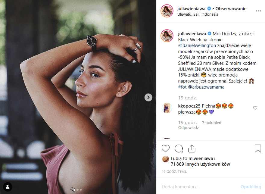 Julia Wieniawa prawie nago reklamuje coś na Insta. Co? A jakie to ma znaczenie? Fani i tak patrzą na piersi gwiazdy "Rodzinka pl" i "Zawsze warto" (Polsat)