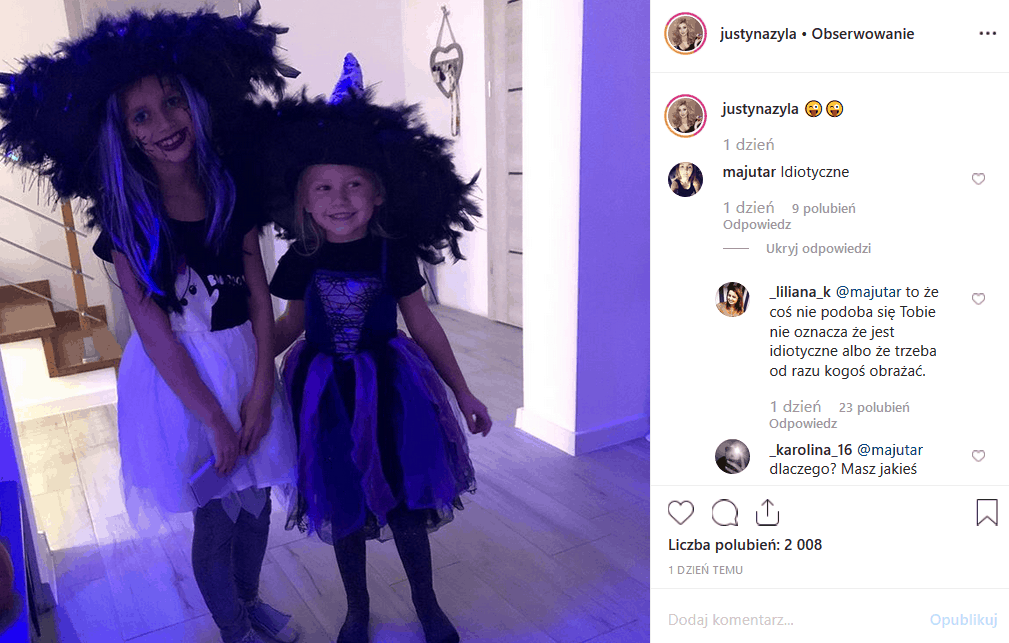 Piotr i Justyna Żyła ("Taniec z gwiazdami") rozstali się w gniewie i kobietę wciaż spotyka hejt. Instagram krytykuje przebieranie jej dzieci na Halloween.