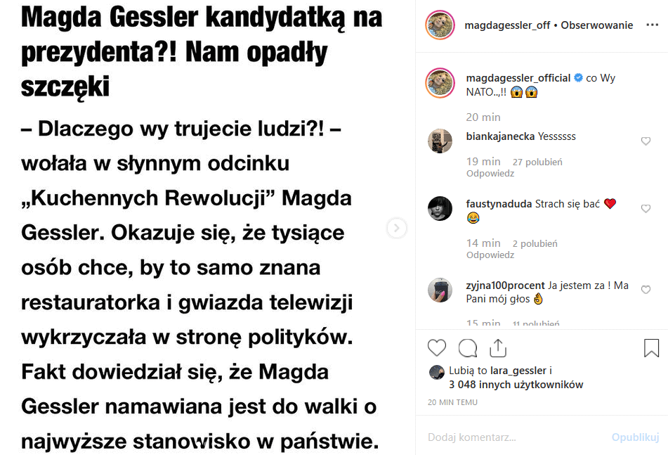 Magda Gessler i wybory prezydenckie? Instagram jest na tak! Czy Królowa TVN rozważa start? Jakie szanse ma gwiazda show "MasterChef" i Kuchenne rewolucje"?