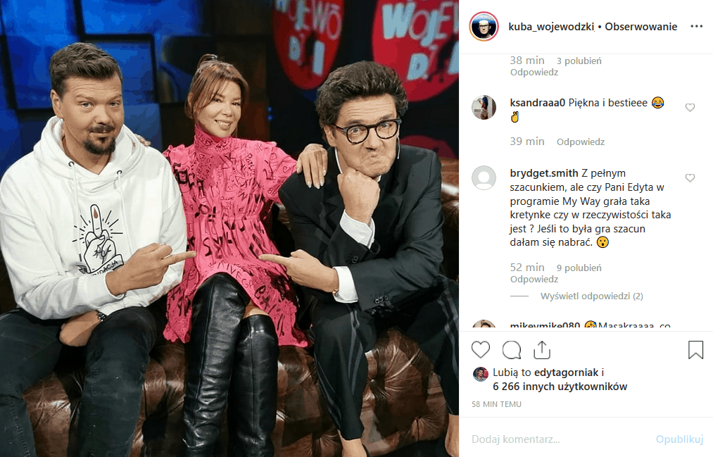 26 listopada do "Kuba Wojewódzki show" Król TVN zaprosił do siebie 2 gwiazdy, którymi są Edyta Górniak i Michał Figurski. Instagram czeka na starcie gwiazd.