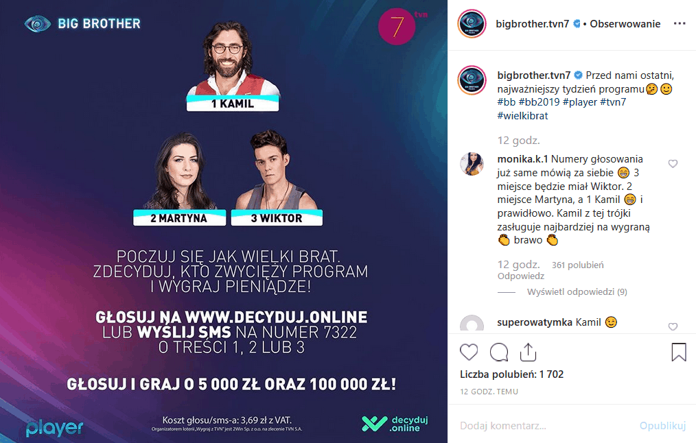 9 grudnia zazczyna sie ostatni tydzien w oprogramie Big Brother (TVN7). czy Kamil Lemieszewski wygra finał. Instagram i Facebook stawiają na niego