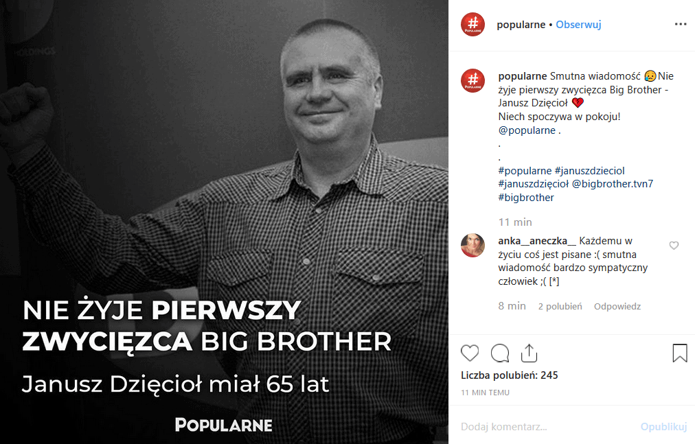 Janusz Dzięcioł, zwycięzca I edycji programu „Big Brother” (TVN) poniósł śmierć. Facebook i Instagram wspomina sympatcznego strażnika miejskiego i polityka