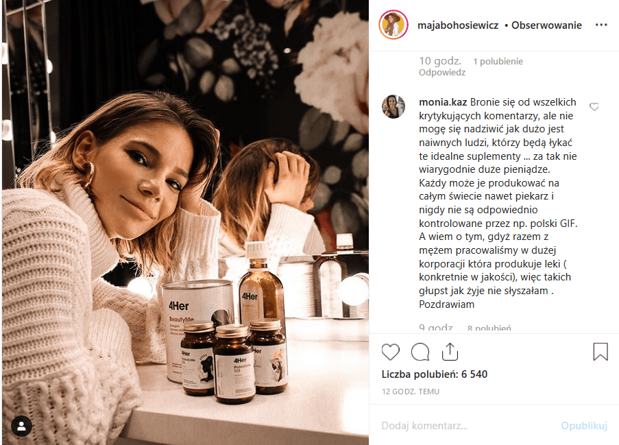 Maja Bohosiewicz („Za marzenia”, „Na dobre i na złe”, Playboy) pochwaliła się na Insta suplementami, jakie robi jej mąż, ale fani są już zmęczeni reklamami.