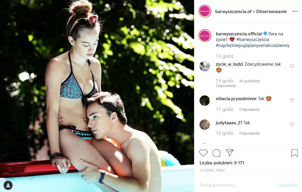Gąsiewska w bikini i Jakub Dmochowski to najpopularniejsza para w serialu TVP2 "Barwy szczęścia". Komentarze pod wpisem na Insta potwierdzają to
