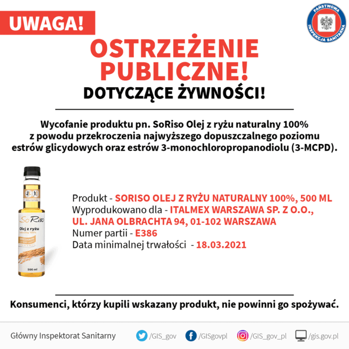 Sanepid wycofuje olej - wykryto w nim szkodliwą substancję, jest niebezpieczny dla zdrowia, szkodzi Główny Inspektor Sanitarny (GiS) potwierdza informację