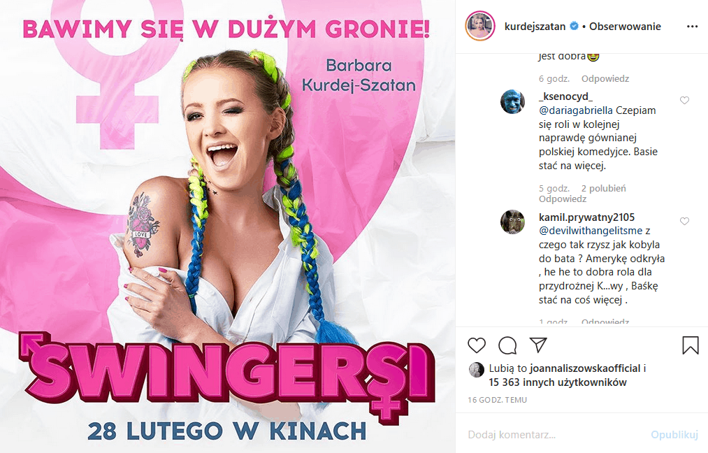 Kurdej Szatan ("M jak miłość", "W rytmie serca") skrytykowana na Insta, ale czy rola w komedii "Swingersi" to faktycznie wpadka?