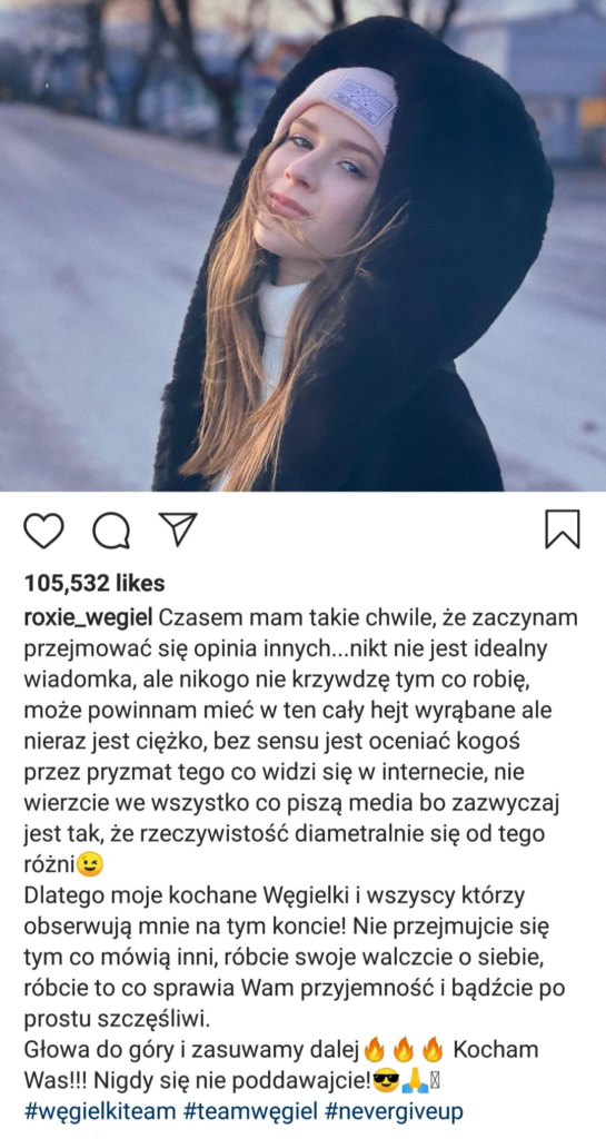 Roksana Węgiel znana z konkursu Eurowizja Junior i The Voice Kids odpowiedziała na hejt na swoim koncie Instagram, komentarze wywołały problemy