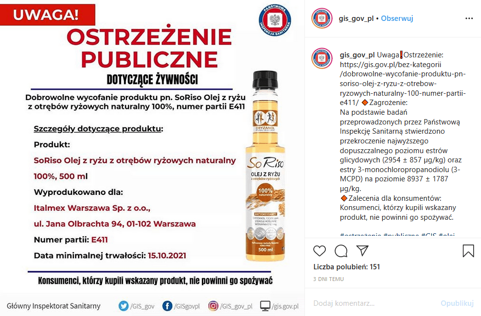 Sanepid ostrzega. Główny Inspektorat Sanitarny (GIS) wydał ostrzeżenie, że olej ryżowy jest wycofany z rynku, bo produkt zawiera zbyt dużo estrów.