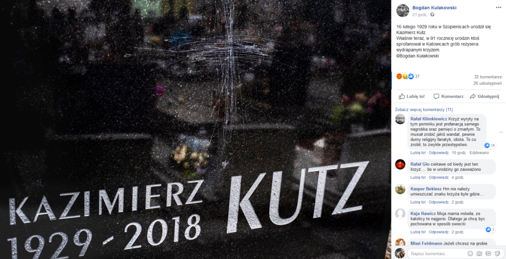 Grób Kutza zdewastowany! Kazimierz Kutz (zmarł w 2018), to reżyser, ale jego pasją była też polityka, więc może grób został zniszczony z zemsty?
