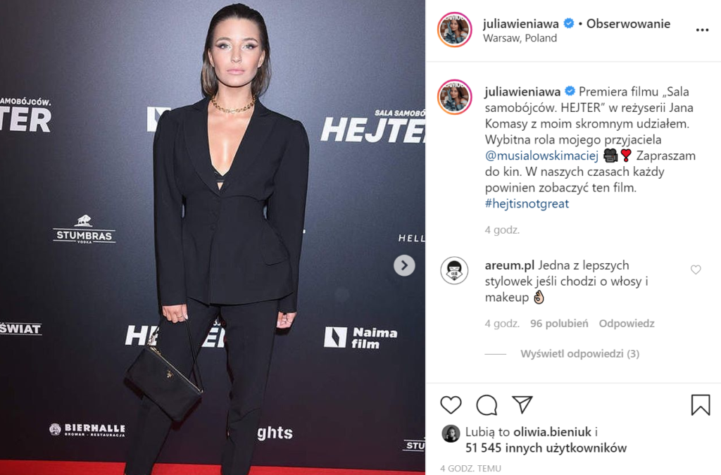 Julia Wieniawa i jej metamorfoza zrobiły wrażenie na premierze fimu Hejter, pokazała dekolt, co widać na Instagram, hejt jest motywem przewodnim filmu. 