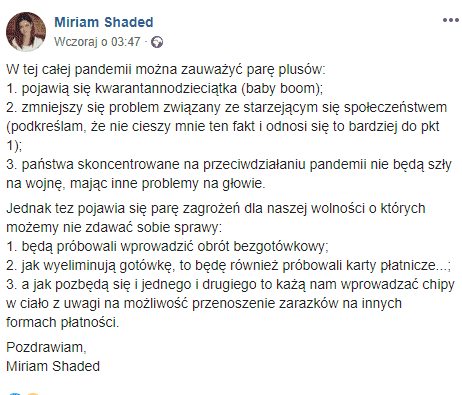 Koronawirus w Polsce. Miriam Shaded na swoim koncie Facebook umieściła wpis mówiący o koronawirusie, zaletach epidemii i starzejącym się społeczeństwie