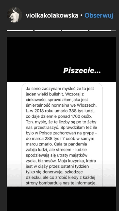 Viola Kołakowska zwariowała, wypowiedziała się o koronawirusie i pandemii, gwiazda uważa, że one nie istnieją, swoje teorie spiskowe publikuje na Instagram. 