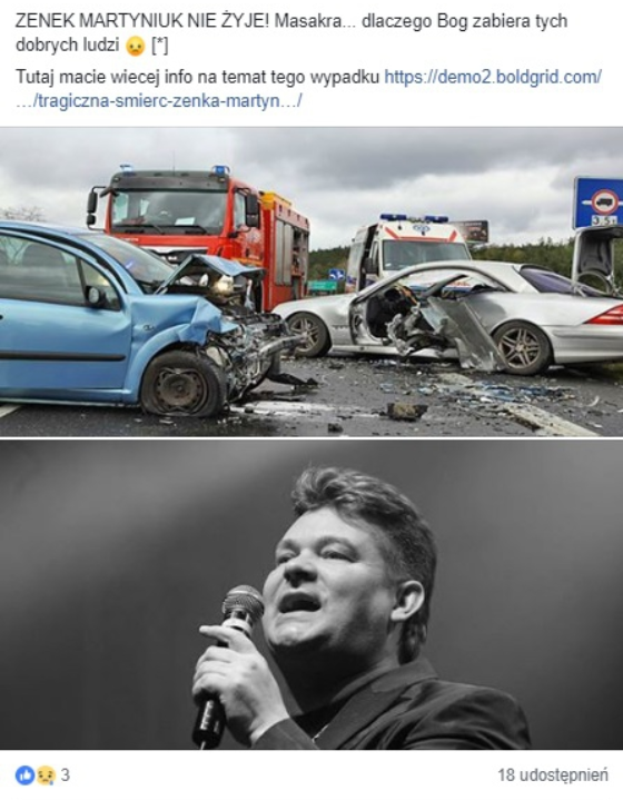 Szokujący post pojawił się w serwisie Facebook, artykuł podawał, że lider zespołu Akcent, Zenek Martyniuk nie żyje, jest to oczywiście nieprawda. 