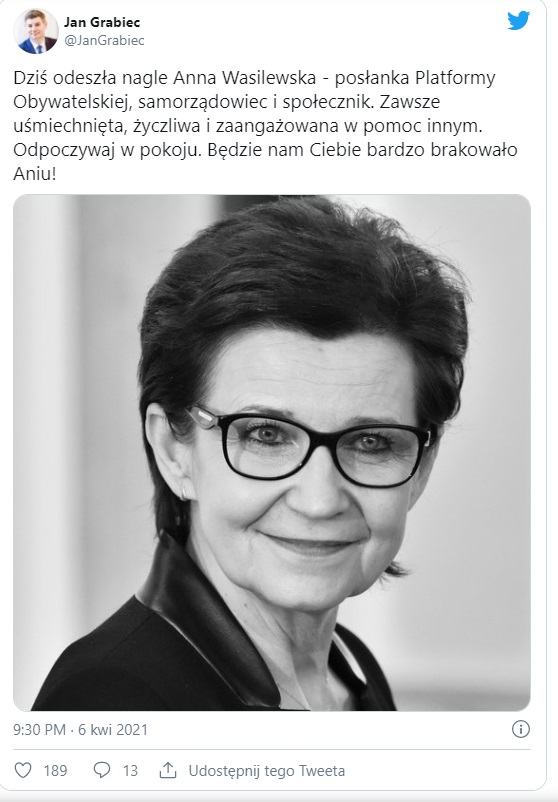 Nie żyje Anna Wasilewska, posłanka PO, o jej śmierci poinformował lider ugrupowania Borys Budka. Określano ją jako skromną i bardzo pracowitą.