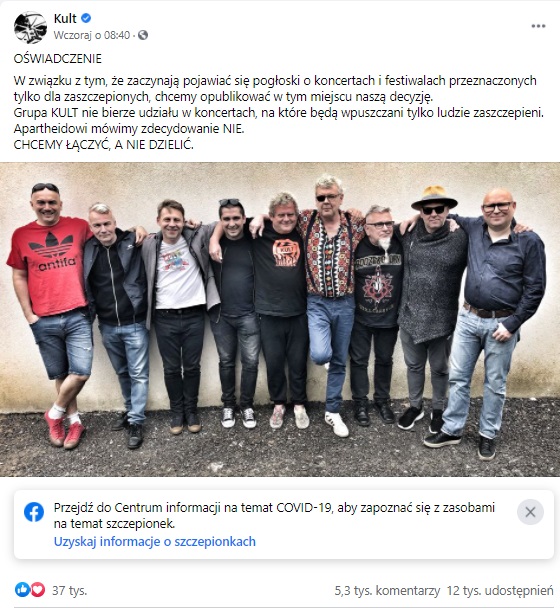 Grupa Kult wraz z  liderem Kazikiem Staszewskim oświadczyli, że "Apartheidowi mówią nie", chodzi tu o koncerty tylko dla zaszczepionych.