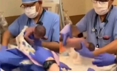 Na nagraniu widać jak lekarz tuż po urodzinach dziecka, upuszcza noworodka, który leci prosto na główkę. Nie obyło się bez konsekwencji.